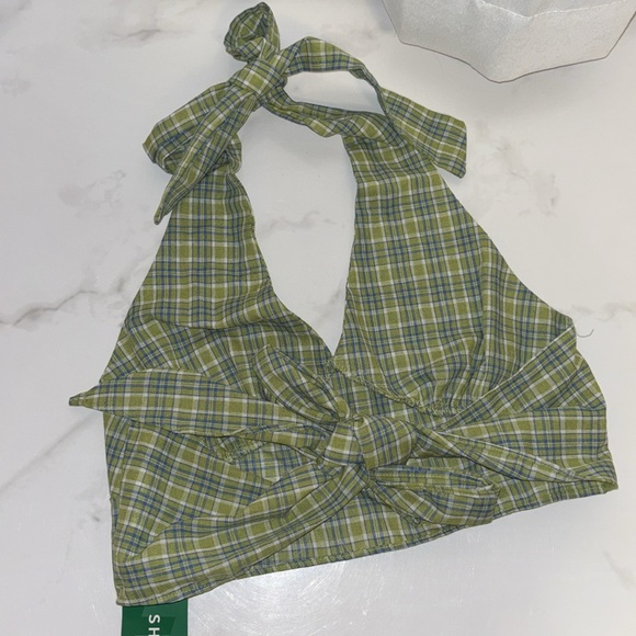 SHEIN EZWear Women’s Blue & Green Plaid Halter Top Crop Top Size Medium - Picture 4 of 6